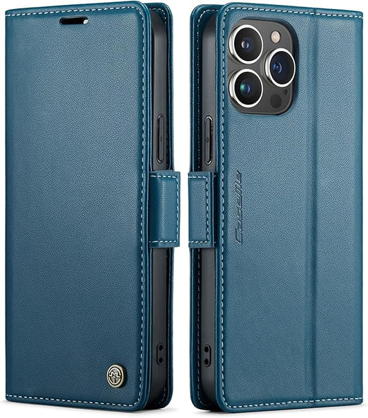 SINIANL Leather iPhone 15 Pro Max Case, Wallet with RFID Blocking, Card Holder, Magnetic Clasp, Kickstand for Women & Men, Blue