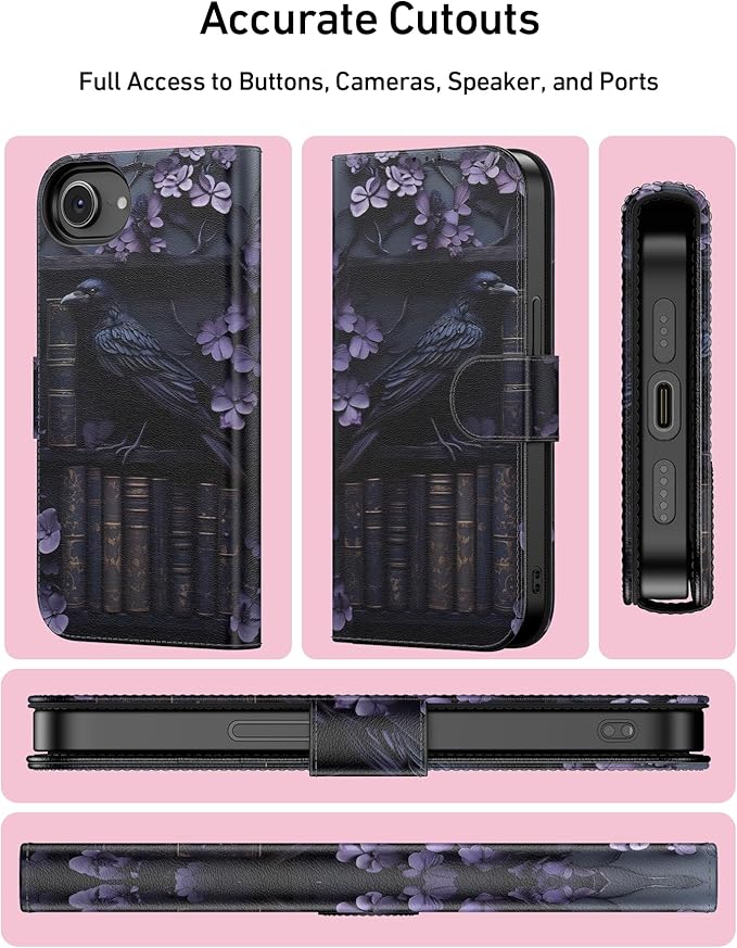 DEENAKIN for iPhone 16e Wallet Case with Card Holder + Cash Clip, RFID-Blocking, Military-Grade Drop Protection, Magnetic Closure with Leather Kickstand - Purple Floral & Raven