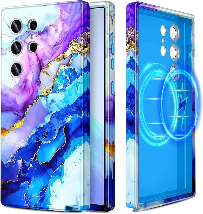 Casetego for Galaxy S24 Ultra Case,Compatible with MagSafe,[Military Grade Drop Test] Full Body Protection Slim Shockproof Rugged Marble Women Case for Samsung Galaxy S24 Ultra 6.8 inch,Azure Blue