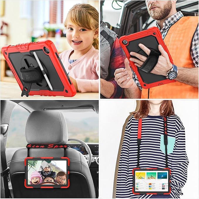 SEYMAC stock Case for Samsung Galaxy Tab A9+ Plus 11'', Full-Body Drop Protection Case with Screen Protector Pencil Holder [360° Rotating Hand Strap] &Stand, Red+Black