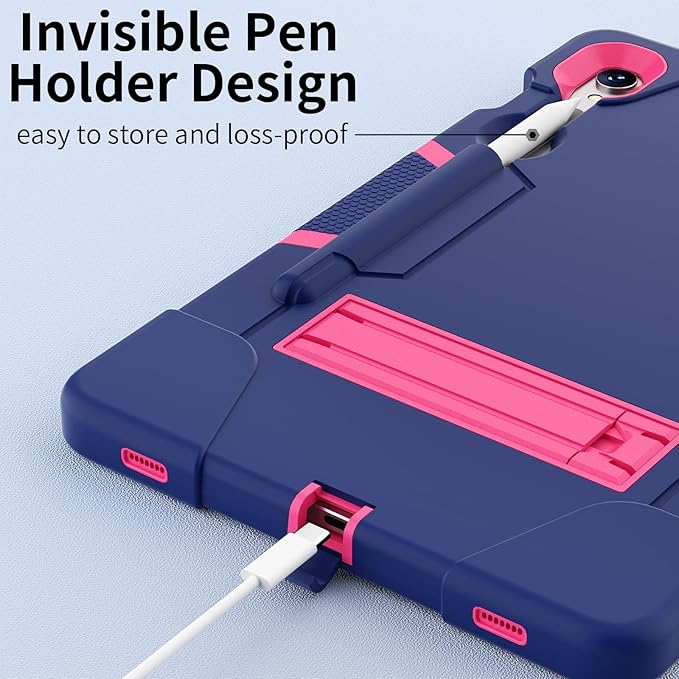 case for Galaxy Tab S10 FE / S9 (2023) 11" / S9 FE / S7 / S8 Case, Soft Silicone & Hard Pc 3-Layer Military Protector Cover for Tab S10 FE with S-Pen Holder Stand Navy Blue+Rose Red