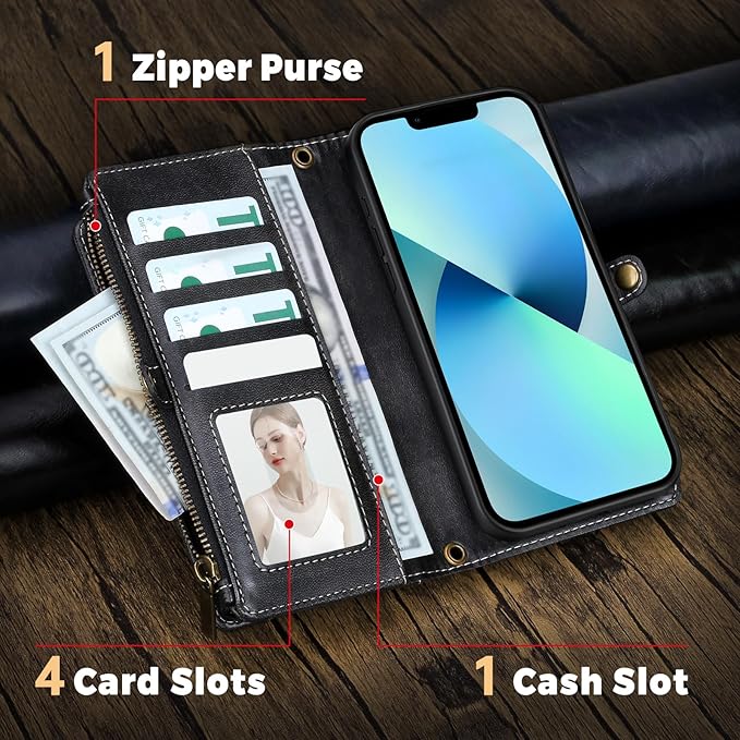 for iPhone 15 Wallet Phone Case with 7 Card Holder,RFID Blocking | PU Leather | Kickstand | Flip | Wrist Strap&Shoulder Strap | Shockproof | Zipper Wallet | Women Men | 6.1" | Black