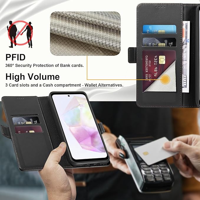 Wallet Flip Case for Samsung Galaxy A35 5G - [RFID Blocking] Luxury PU Leather Card Holder Magnetic Phone Cover with Kickstand,Shockproof Protective Case,Black
