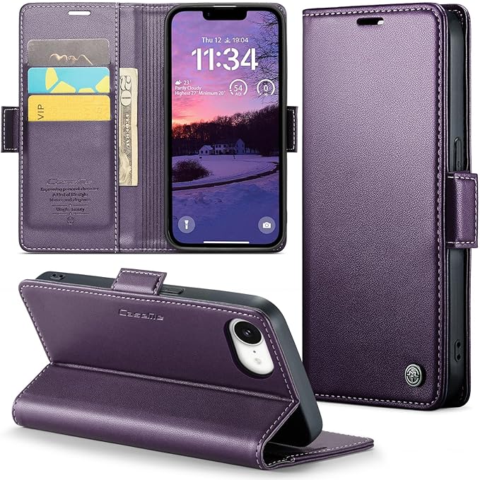 for Apple iPhone 16e Case, Premium PU Leather Wallet Case Flip Cover with [RFID Blocking][Card Holder][Stand Function] Shockproof Protective for iPhone 16E 6.1", Purple