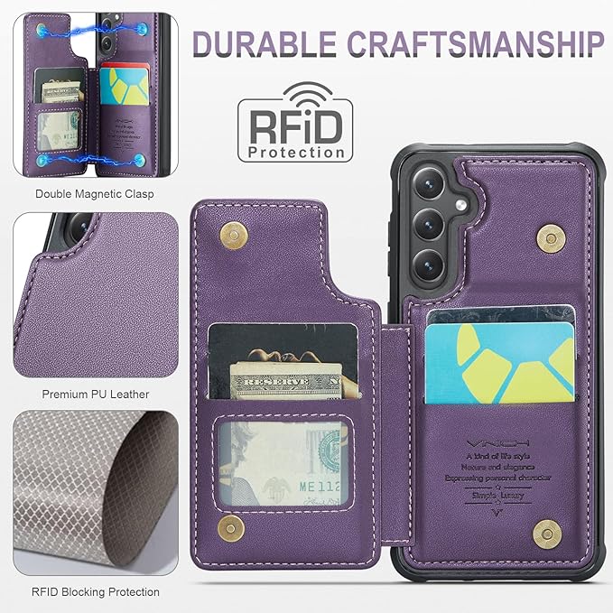 Vinich for Samsung Galaxy S24 Wallet Case with Card Holder, RFID Blocking Credit Slots Kickstand Shockproof Phone Cover for Women Men, Purple
