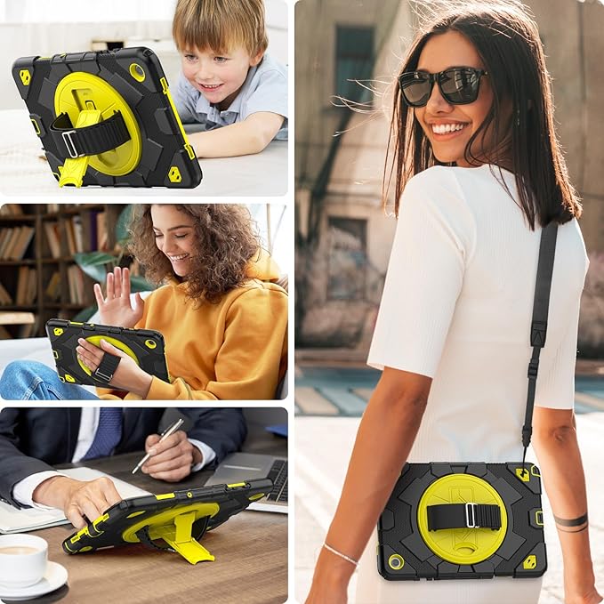 HXCASEAC Case for Samsung Galaxy Tab A9 Plus/A9+ 11 Inch with Screen Protector/Adjustable Hand Strap/Pen Holder, 3-Layer Drop Proof SM-X210/X216/X218 - Yellow