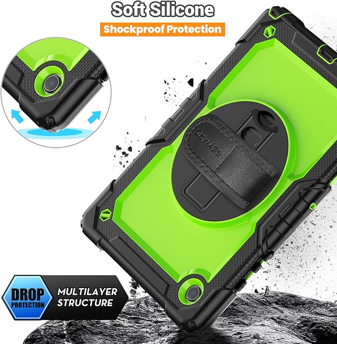 SEYMAC for Samsung Galaxy Tab A8 Case 10.5 Inch (SM-X200/ X205/ X207), Heavy Duty Full-Body Shockproof Protective Case with Screen Protector, Rotating Stand, Hand/Shoulder Strap and Pen Holder, Green