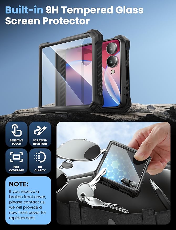 i-Blason for Samsung Galaxy Z Flip 7 Case with Stand, [Tempered Glass Screen Protector] [Hinge Protection] [Belt-Clip], Full-Body Military Protection Phone Case for Samsung Z Flip 7, Armorbox, Black