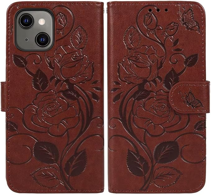 Case for iPhone 13 Case, iPhone 14 Wallet Case with Tempered Glass Screen Protector, Flower Leather Flip Credit Card Holder Stand Phone Cover Cases for iPhone 14 Brown