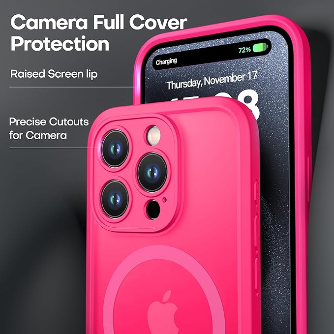 ImpactStrong Magnetic Guard Designed for iPhone 15 Pro Case [Camera Protection] [Military Grade Drop Tested] [Compatible with MagSafe] Slim Translucent Matte Phone Case (6.1") - Hot Pink