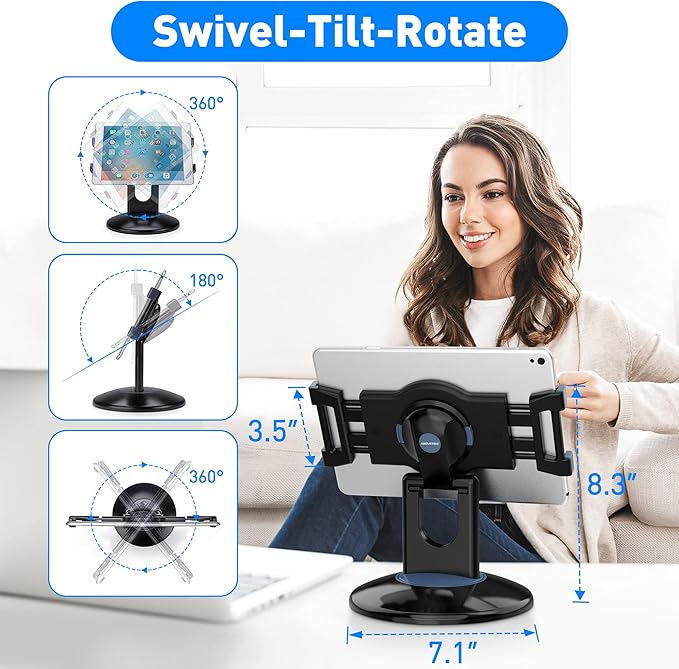 AboveTEK Retail Kiosk iPad Stand, 360° Rotating Commercial POS Tablet Stand, Fits 6"-13" (Screens) iPad mini Pro-Business Swivel Tablet Holder, for Store Office Reception Kitchen Desktop (Black)
