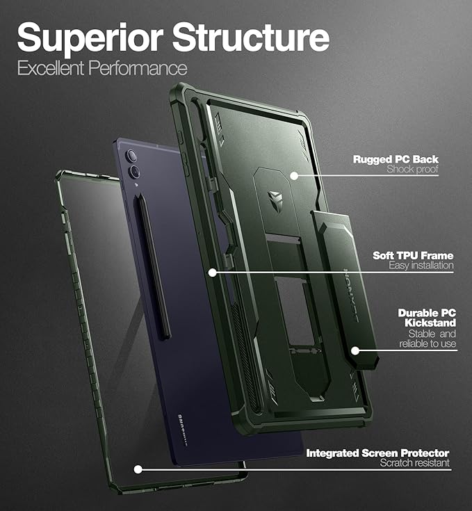 Dexnor Case for Samsung Galaxy Tab S10 Ultra (2024), S9 Ultra(2023), S8 Ultra(2022) 14.6 Inch, [Built in Screen Protector & Kickstand] with Pen Holder Heavy Duty Shockproof Protective Cover - Green