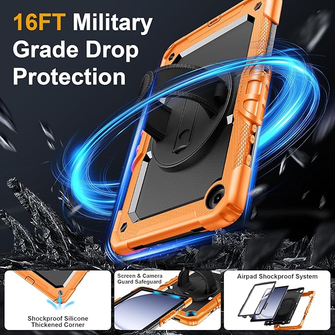 Case for Samsung Galaxy Tab A9+/A9 Plus 11 Inch 2023(SM-X210/X216/X218), Ubearkk Full-Body Drop Protection Case with Screen Protector, 360° Rotating Stand and Hand/Shoulder Strap, Orange