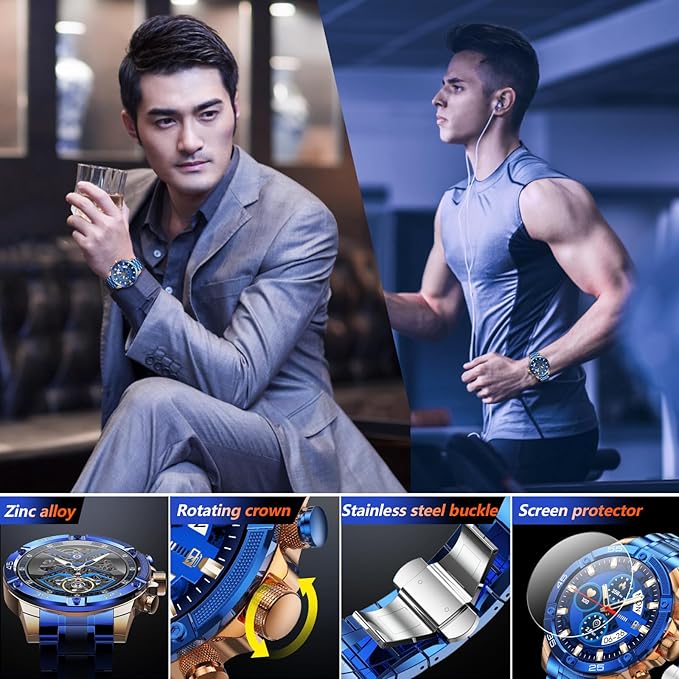 Smartwatch for Men 1.53-Inch Luxury Business Sports & Fitness Men's Watch, IP67 Water Resistant, 440mAh Extended Standby, Multi-Sport Mode and Monitor, Supports IOS 8.0 and Android 4.4 (Steel Blue)