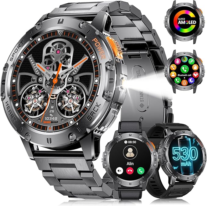 LIGE 1.43" AMOLED Smart Watch for Men with Flashlight, Bluetooth Calling, 100+ Sport Modes, 530mAh, IP68 Waterproof Fitness Tracker for Workout, iOS Android Compatible, Black Steel Black Silicone