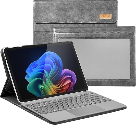 CoBak Case for Microsoft Surface Pro 12" (2025), Premium Business Cover with Multi-Angle Stand, Embedded Stylus Holder, Keyboard Support & Built-in Organizer – Tailored for Professionals,Cowhide Gray