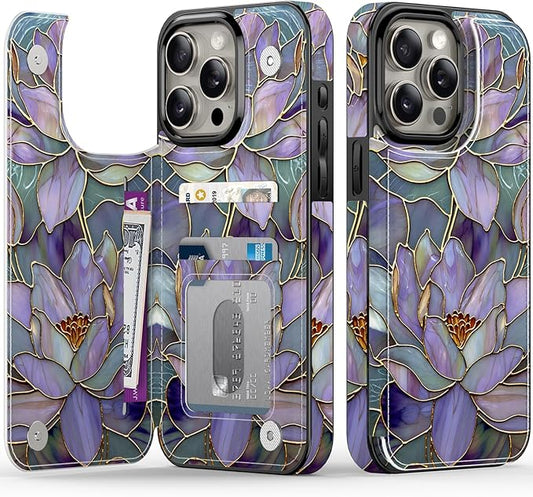 FUNMIKO for iPhone 13 Pro Wallet Case with Card Holder, RFID-Blocking, Military-Grade Protection & UV-Printed Artwork, Magnetic Closure with Leather Kickstand - Dreamy Lotus