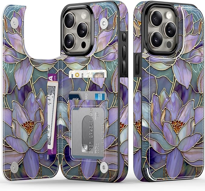 FUNMIKO for iPhone 15 Pro Wallet Case with Card Holder, RFID-Blocking, Military-Grade Protection & UV-Printed Artwork, Magnetic Closure with Leather Kickstand - Dreamy Lotus