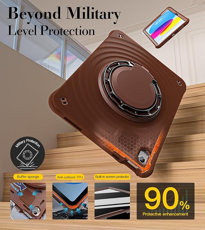 BRAECN Ripple Case for iPad (A16)11th/10th Generation 11/10.9 inch 2025/2022 Zinc Alloy Handle Ring Stand Protective Heavy Duty Screen Protector 360°Rotating 180°Folding Shoulder Strap Full-Body Cover