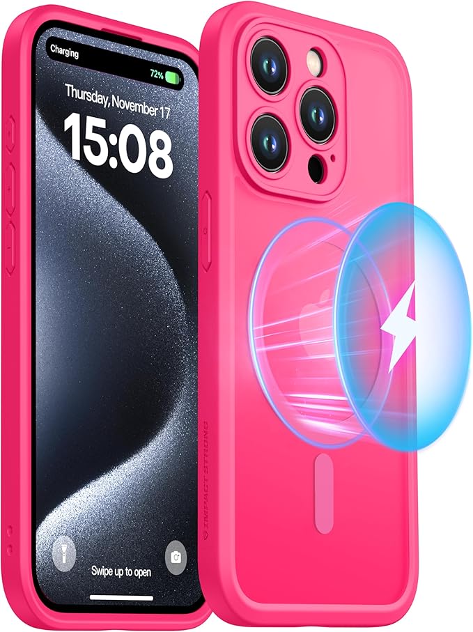 ImpactStrong Magnetic Guard Designed for iPhone 15 Pro Case [Camera Protection] [Military Grade Drop Tested] [Compatible with MagSafe] Slim Translucent Matte Phone Case (6.1") - Hot Pink