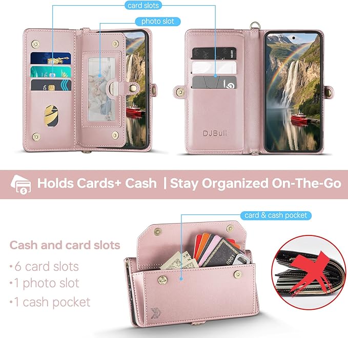 DJBull for Samsung Galaxy S25 Wallet Case with Card Holder, Shoulder and Wristlet Straps, Soft PU Leather, Magnetic Snap, Flip Phone Case for Women Men for Samsung S25 Rose Gold