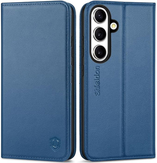 SHIELDON Case for Galaxy S25 6.2", Genuine Leather Wallet Magnetic Case with RFID Blocking Card Holder Kickstand Shock Absorbing Protective Cover Compatible with Galaxy S25 5G 2025 - Nappa Royal Blue
