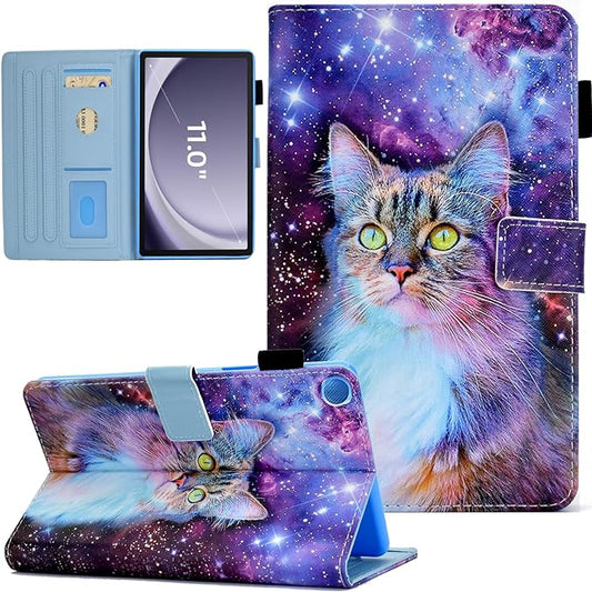 KEROM Case for Samsung Galaxy Tab A9+ Plus 11 Inch 2024 2023 (SM-X210/X216/X218), Slim PU Leather Stand Case Protective Cover for Galaxy Tab A9+/A9 Plus Tablet, Auto Wake/Sleep - Space Cat