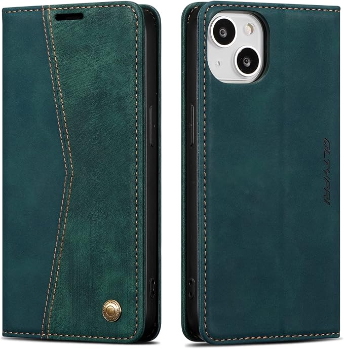 QLTYPRI Case for iPhone 14, Vintage PU Leather Wallet Case Card Slot Kickstand Magnetic Closure Shockproof Flip Folio Book Case Cover for iPhone 14(6.1 inch) - Retro Dark Green