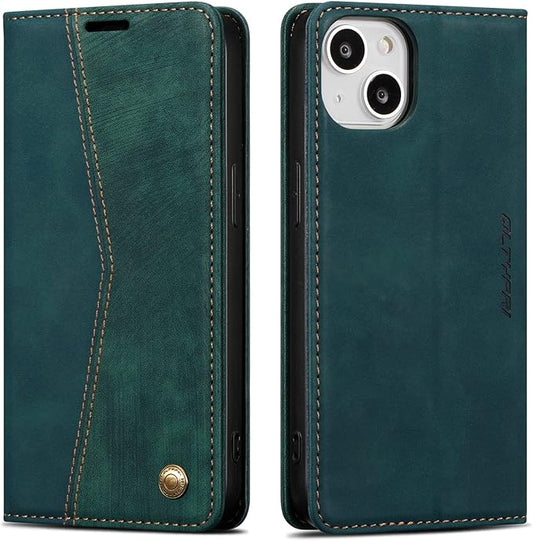 QLTYPRI Case for iPhone 14, Vintage PU Leather Wallet Case Card Slot Kickstand Magnetic Closure Shockproof Flip Folio Book Case Cover for iPhone 14(6.1 inch) - Retro Dark Green