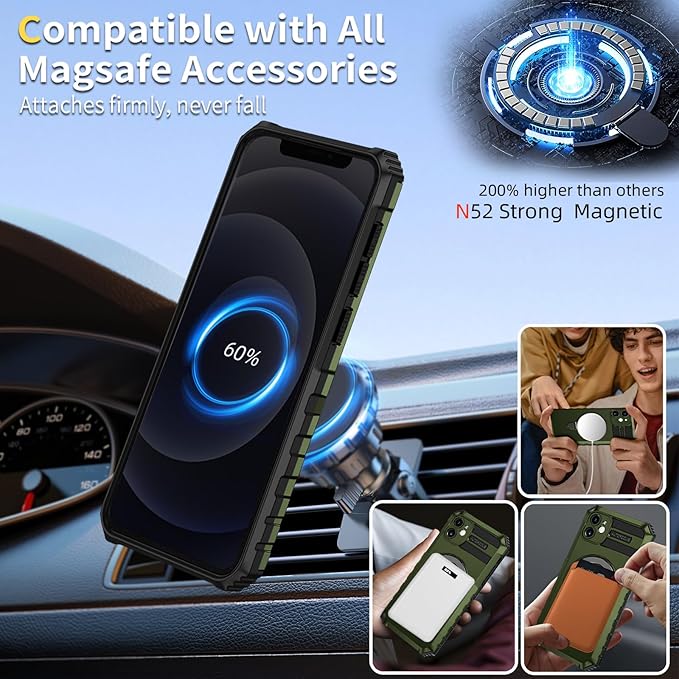 for iPhone 12 Case Magnetic Compatible with MagSafe Wireless Charging,with 2 Screen Protectors,Built-in Kickstand Ring,Shockproof Shock-Absorbent Scratch Resistant Heavy Duty Protection Green