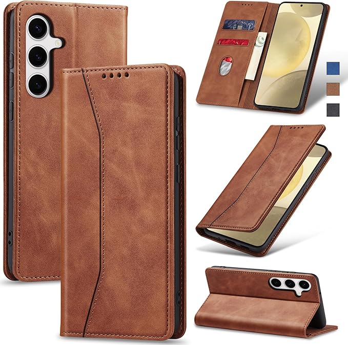 Jasonyu Flip Wallet Case for Samsung S24 5G,Leather Magnetic Folio Cover with Card Holder,Kickstand - TPU Shockproof Durable Protective Phone Case,Brown