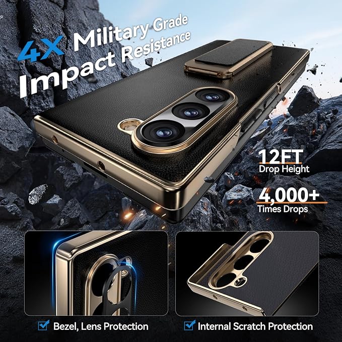 for Samsung Galaxy Z Fold 6 Case with Kickstand,【Military Grade Hinge Protection】【Camera Cover】, Scratch Resistant Shockproof Leather Phone Case for Z Fold 6 Case, Black（Back cover version）