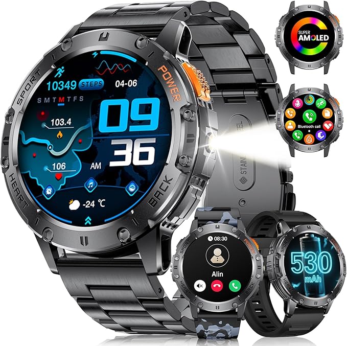 LIGE 1.43" AMOLED Smart Watch for Men with Flashlight, Bluetooth Calling, 100+ Sport Modes, 530mAh, IP68 Waterproof Fitness Tracker for Workout, iOS Android Compatible, Black Steel Camouflage Silicone