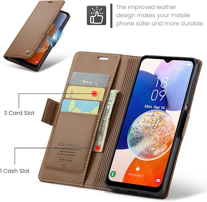 for Samsung Galaxy A14 4G/5G Case, Premium PU Leather Wallet Case Flip Cover with [RFID Blocking][Card Holder][Stand Function] Shockproof Protective for Samsung Galaxy A14, Brown