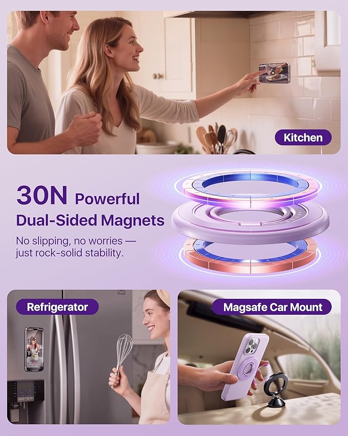 andobil [2025 3rd Gen] Magnetic Phone Grip for MagSafe [360° Rotatable & Ultra-Stable] Two-Sided Magnet Cell Phone Ring Holder Compatible with MagSafe Accessories, iPhone 17 Air 16 15 Pro Max, Purple