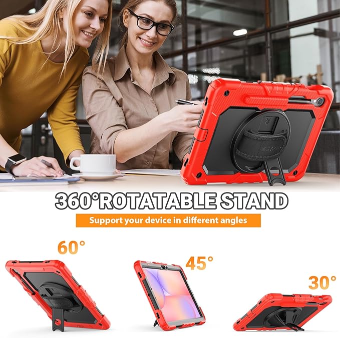 SEYMAC Case for Samsung Galaxy Tab S10 Lite/ S10 FE/ S9 FE/ S9 5G (10.9''/11''), Heavy Duty Shockproof Protective Case with Screen Protector, Rotating Stand, Hand Strap and Pen Holder, Red