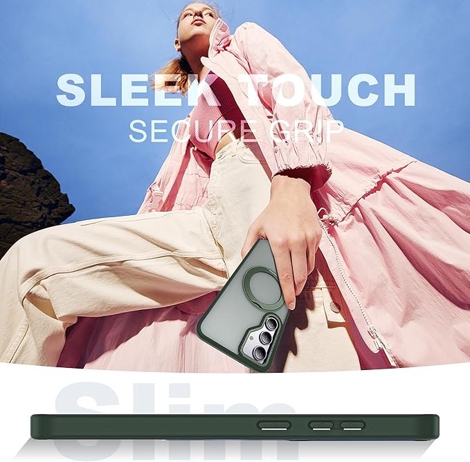 for Samsung Galaxy S23 FE Case with 360° Rotatable Magnetic Ring Stand Compatible with Mag-Safe Military Protection Shockproof Matte Translucent Phone Cases for S23 FE,Dark Green