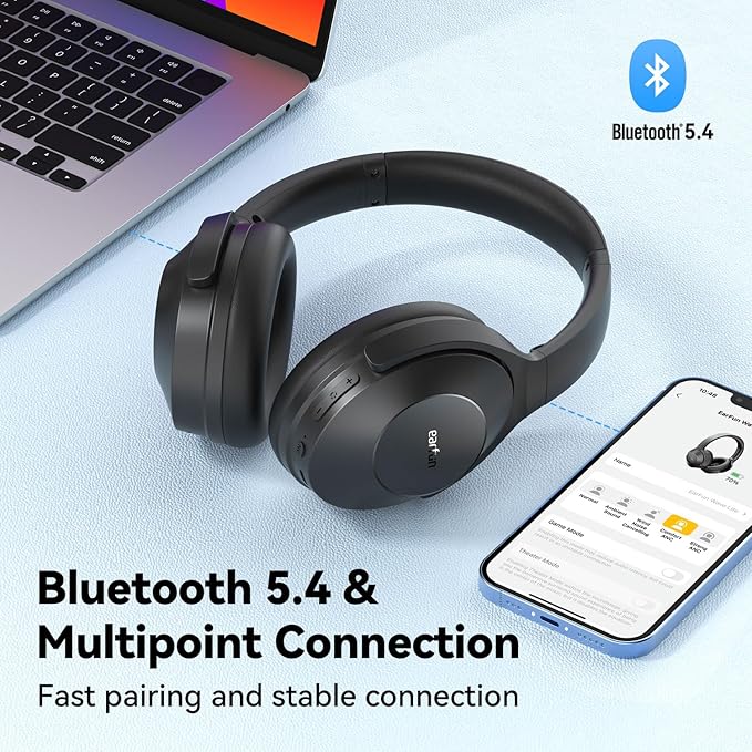 EarFun Wave Life Hybrid Active Noise Cancelling Headphones, Wireless Over Ear Bluetooth 5.4 Headphones, 4 Mics AI Clear Call, Deep Bass, 60H Playtime, Comfortable Fit, Custom EQ, Multipoint Connection