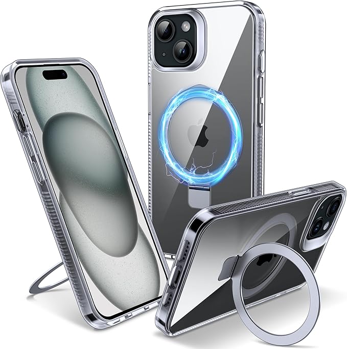 Magnetic Case for iPhone 15 - [Built-in Invisible Stand] [Compatible with MagSafe] [Military Grade Drop Protection] Anti-Yellowing Hard Back Silicone Edge Cover, 6.1", Clear