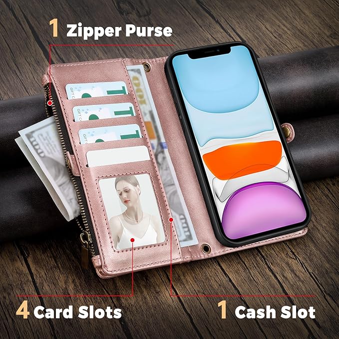 for iPhone 11 Wallet Phone Case with 7 Card Holder,RFID Blocking | PU Leather | Kickstand | Flip | Wrist Strap&Shoulder Strap | Shockproof | Zipper Wallet | Women Men | 6.1" | Rose Gold