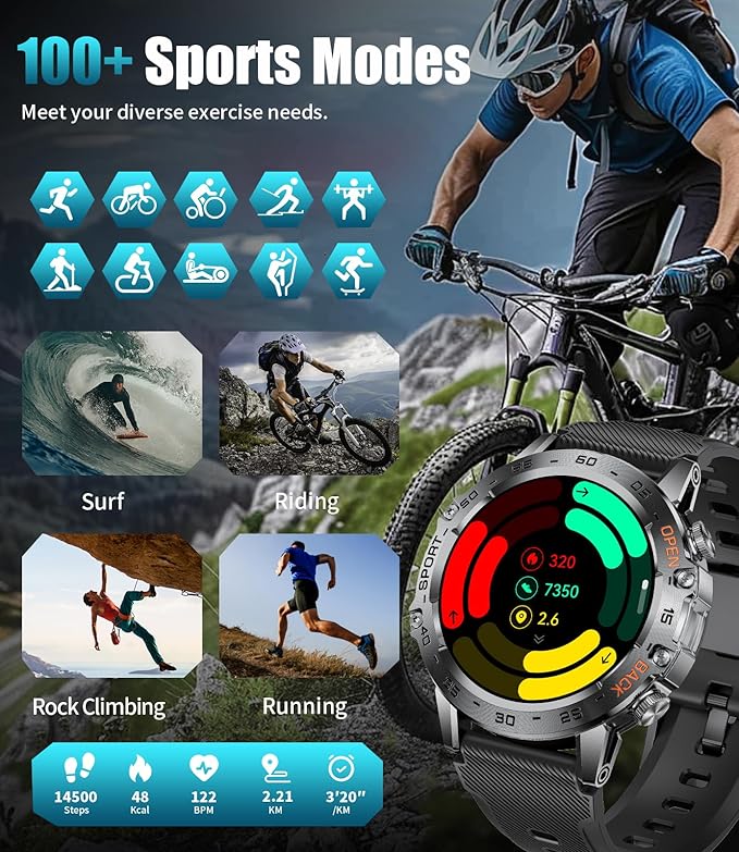 SUNKTA Smart Watch for Men(Answer/Dial Calls),1.43'' AMOLED/100 Sports Modes, 5ATM Waterproof Fitness Watch with Heart Rate/SpO2/pedometer for Android and iOS,Round Smartwatch Black