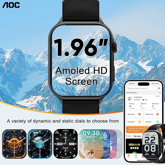 AOC Smartwatch Fitness Sports Watch E09, AI GPT Bluetooth Call, Voice Assistant‌, AMOLED 1.96 Touchscreen, Heart Rate & Sleep Monitor‌ing, IP67 Waterproof Sports Modes Smart Watch, Black