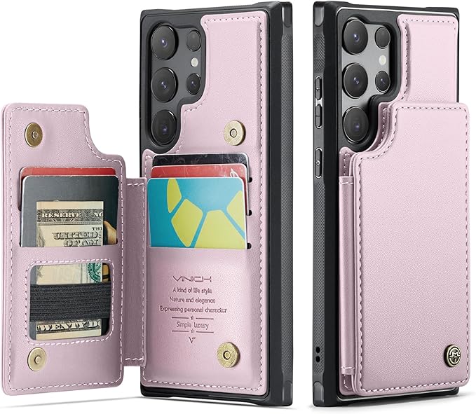 Vinich for Samsung Galaxy S25 Ultra Wallet Case with Card Holder, RFID Blocking Credit Slots Kickstand Shockproof Phone Cover for Women Men, Pink