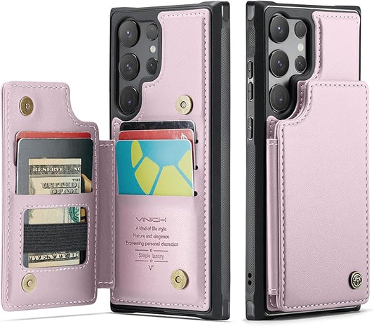 Vinich for Samsung Galaxy S25 Ultra Wallet Case with Card Holder, RFID Blocking Credit Slots Kickstand Shockproof Phone Cover for Women Men, Pink
