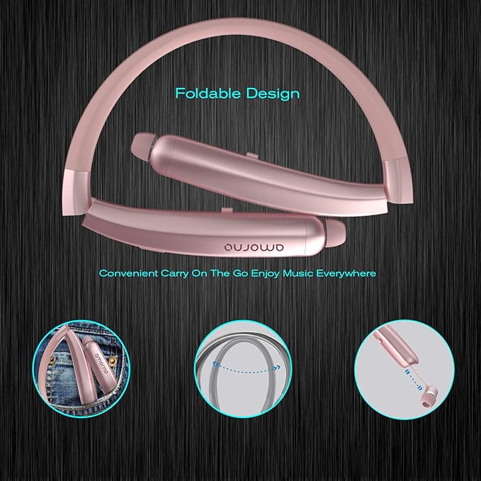 AMORNO Foldable Bluetooth Headphones, Wireless Neckband Sports Headset with Retractable Earbuds, Sweatproof Noise Cancelling Stereo Earphones with Mic