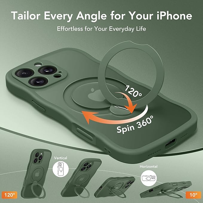 GolbinBox for iPhone 16 Pro Max Case for Women,[Compatible with Magsafe][360° Spin Magnetic Stand][Cute Wave Edge][Military-Grade Protection] Translucent Matte Phone Case for iPhone 16 ProMax, Green