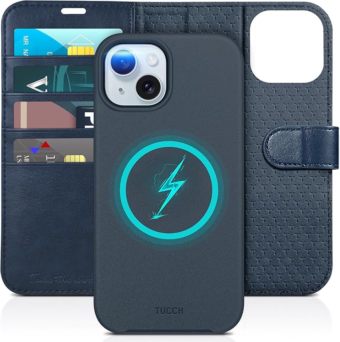 TUCCH Wallet Case for iPhone 15, [Detachable] 2-in-1 Stand RFID Blocking 4 Card Slot [Wireless Charging] Protective Case, Magnetic PU Leather Removable Folio Compatible with iPhone 15 6.1", Dark Blue