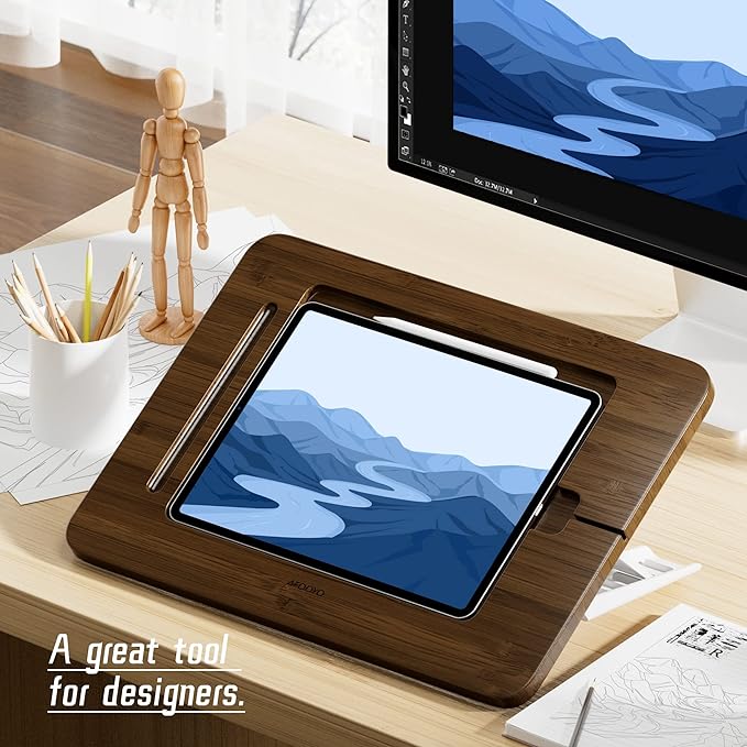 Bamboo Tablet Drawing Stand Tablet Holder - Portable & Adjustable 5 Angles,Laptop Stands Riser,Compatible with 12.9/13 inch iPad Pro-3rd-7th Gen(Walnut Varnish)