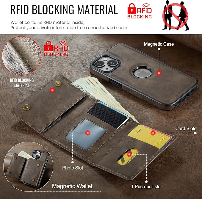 Asuwish Phone Case for iPhone 14 6.1 inch Wallet Magnetic Detachable Cell Cover with Wireless Charging and RFID Blocking Credit Card Holder Flip Stand iPhone14 5G i i-Phone i14 14Case Women Men Coffee