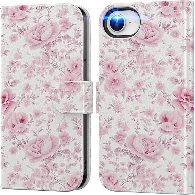 DEENAKIN for iPhone 16e Wallet Case with Card Holder + Cash Clip, RFID-Blocking, Military-Grade Drop Protection, Magnetic Closure with Leather Kickstand - Blooming Pink Roses